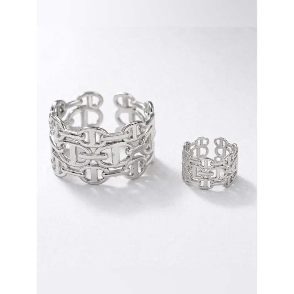 Silver Mariner Pignose Link Chain Open Cuff Bangle Ring Bracelet Set - Picture 5 of 8